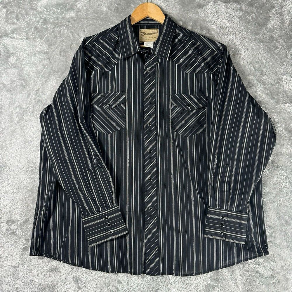 Wrangler Western Pearl Snap Shirt Mens 2XL Black Metallic Silver Striped Yoke